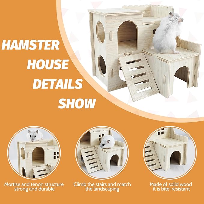 Hamster House - Double-Decker Hut With Slide, Guinea Pig Castle, Cage Accessories, Small Animal Habitat Decor