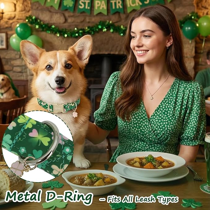 St. Patrick's Day Dog Collar,Green Clover Lucky Shamrock Puppy Collar,Adjustable Spring Cotton Collars Gifts for Small Medium Large Dogs,Dog Accessories S