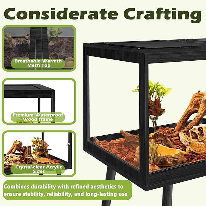 Prolee Bearded Dragon Tank with Leg Stand,Wooden Lizard Tank,Reptile Tank with Metal Mesh Roof Door, Acrylic Panel Snake Tank with Lock Design (Black, 48"x20"x20")