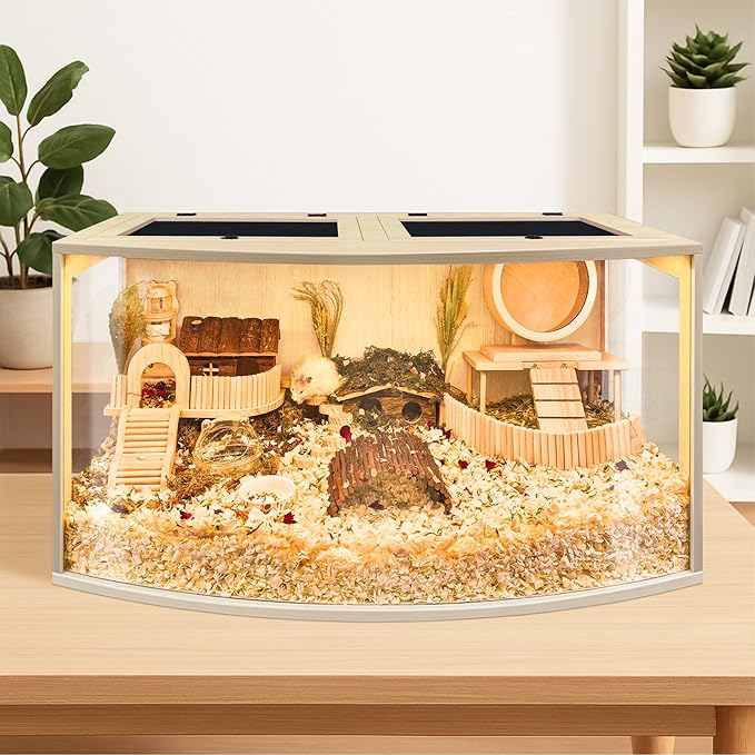 Prolee Hamster Cage Chew Proof Wood, Hamsters Enclosure Openable Top with Curved Design,Waterproof Small Animals Cage with Acrylic Sheets for Gerbils,Hamster Habitat(24 Inches)