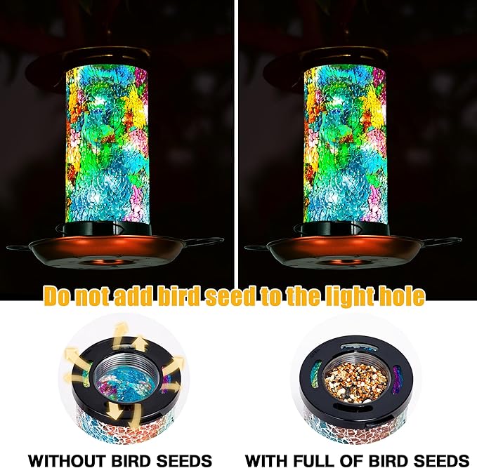 Ottsuls Mosaic Solar Bird Feeder for Outdoors Hanging, Waterproof Lantern Shape with S-Hook & 4 LED Lights, Garden Decor for Lawn, Patio, Balcony, Yard - Unique Gifts for Bird Lovers