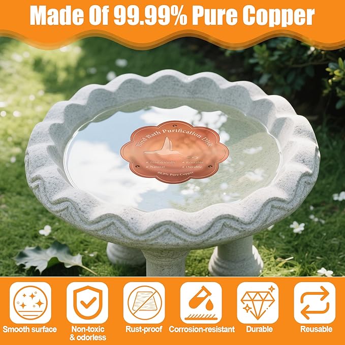 1P 4inches Bird Bath Purification Disk, 99.99% Pure Copper Bird Bath Disc Safe Birdbath Cleaner Disks for Outdoor All-Season Use 0.6mm Birdbaths Copper Disk with 3 Point Support