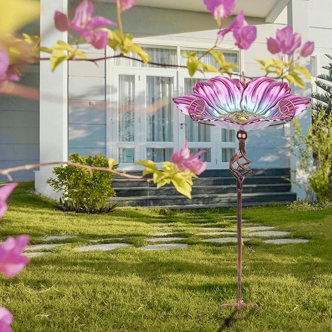 MUMTOP 31 Inch Height Glass Birdbath Birdfeeder with Metal Stake Garden Yard Outdoor Pink