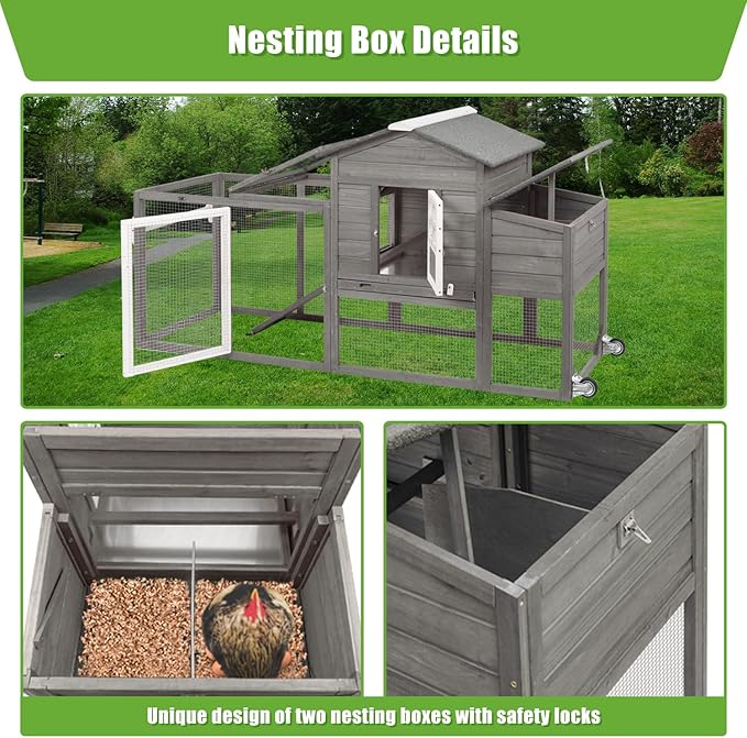 Wooden Chicken Coop Cage Outdoor Indoor Hen House with Nesting Box, Waterproof Roof, Removable Tray for Poultry Pets Enclosure Garden Backyard (Grey)