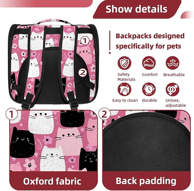 Cute Cats Pink (2) Cat Carrier Backpack,900D Wear-Resistant Oxford Fabric, Dog Carrier Cat Backpacks Suitable for Travel