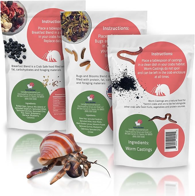Snout and Shell Hermit Crab Food Variety Pack – Fruity Breakfast, Bugs & Blooms, and Organic Worm Castings – High-Protein, Nutrient-Rich Diet with Fruits, Seeds, Bugs & Minerals – All-Natural, Non-GMO