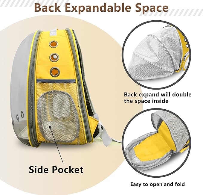 Cat Backpack Carrier Back Expandable Bubble Pet Carrier Backpack for Large Cat, Kitten and Dog, Designed for Hiking, Travelling and Outdoor Use (Back Expandable-Yellow New)