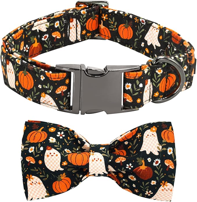 Halloween Dog Collar, Ghost Print Adjustable Pet Collar Fall Pumpkin Cute Cotton Soft Collars with Bow Tie Fall Metal Buckle Holiday Puppy Collars Boy&Girl Gift for Medium Dogs