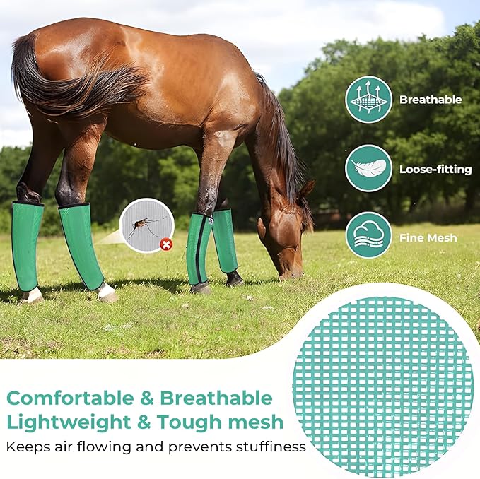 Mesh Horse Fly Boots Set of 4，Adjustable and Universal Loose Fitting & Non-Slip Horse Fly Leggings for Horses,Reduce Stressful Stomping (Green)