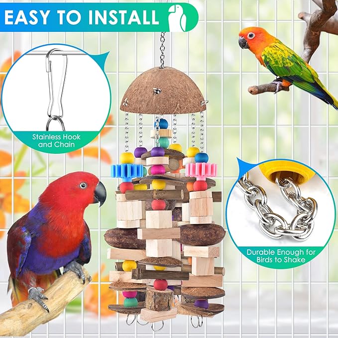 KATUMO Bird Toys, Large Parrot African Grey Wooden Chew Toys for Macaw Medium to Large Birds