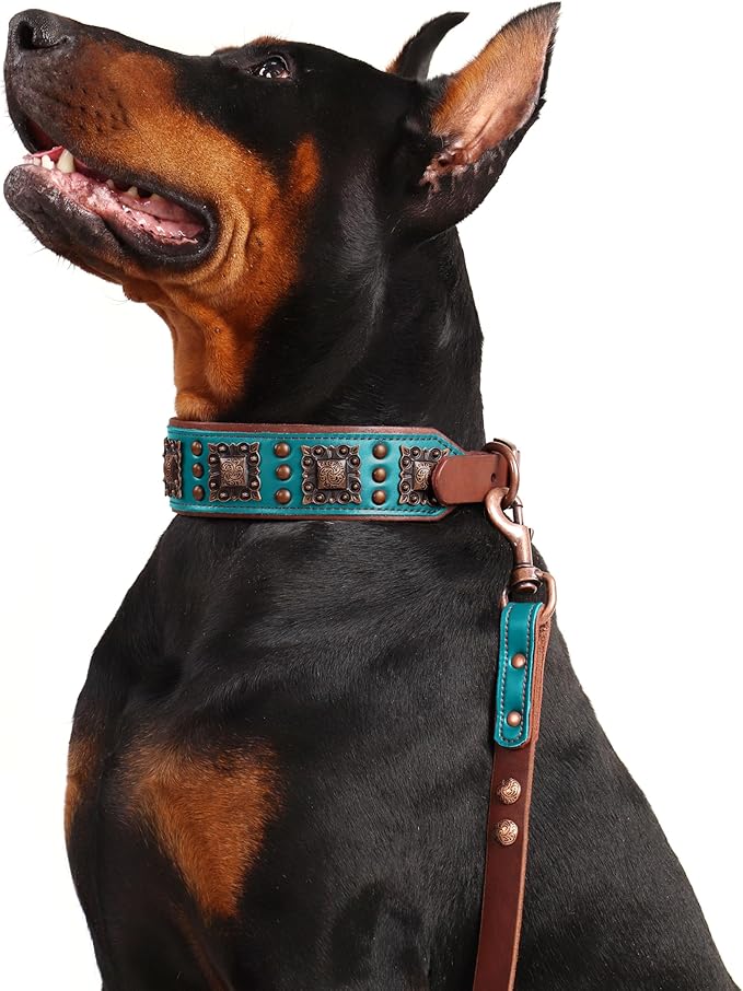PET ARTIST Soft Padded Leather Dog Collar, 2 inch Wide Genuine Leather Dog Collars with Stylish Studded Rivet & Metal Buckle, Luxury & Adjustable Pet Collars for Medium Dogs,Green,Neck 16-19"