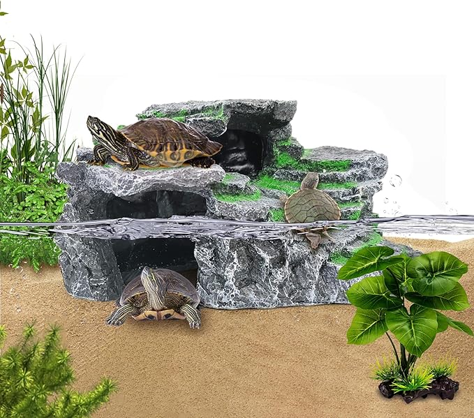 Turtle Basking Platform, Reptile Habitat Hideout, Decorative Resin for Aquarium & Terrarium, Including Artificial Plant and Cleaning Brush.(C-Medium-Black)