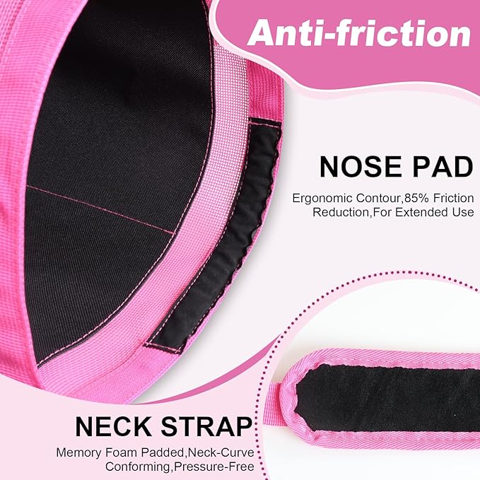 Heavy Duty Durable Waterproof Horse Feed Bag with Adjustable Strap - Mesh Grain Design, Comfort Neck Pad & Nose Pad Rose Pink