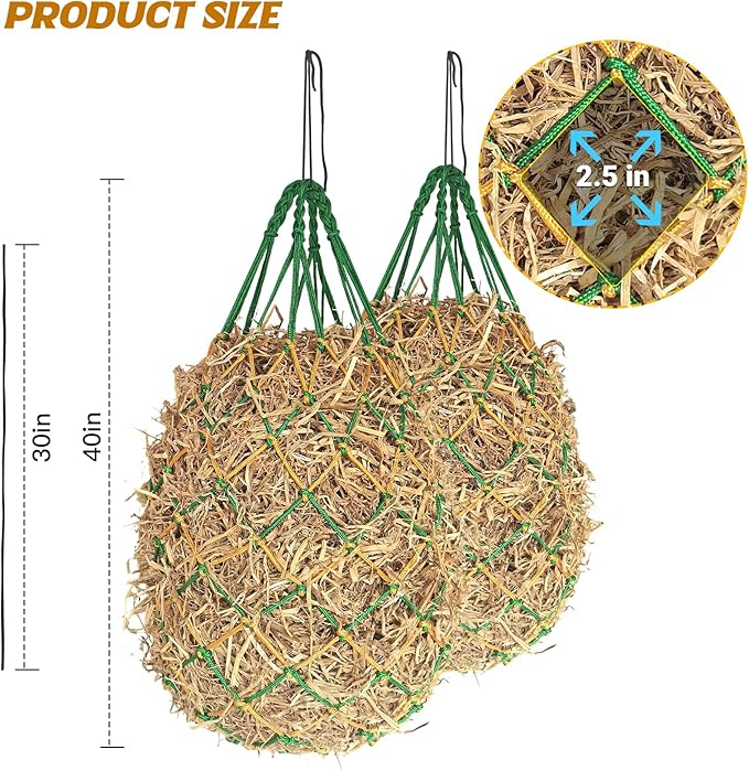 2PCS Hay Nets for Horses,2.36"x2.36" Holes 40”Horse Hay Feeder Net for Slower Feeding,Strong Load-Bearing Hay Bag Hanging for Horse Stable Trailer (Green)