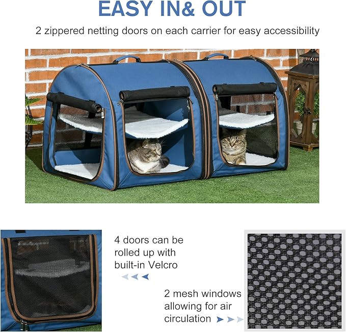 PawHut 39" Portable Soft-Sided Cat Carrier, Cat Kennel, Travel Dog Crate with Divider, Two Compartments, Soft Cushions & Storage Bag, Easy to Fold, Blue