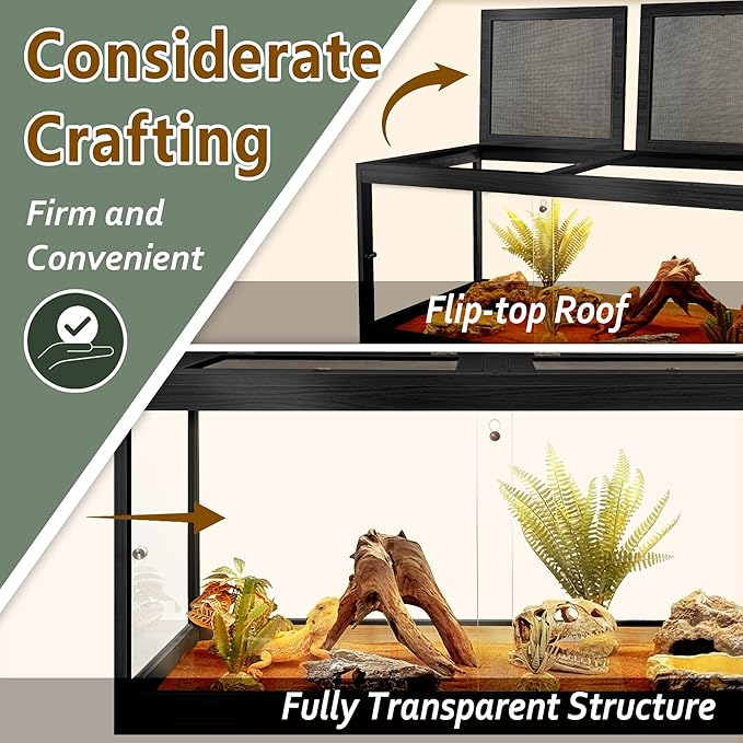 PROLEE Bearded Dragon Tank,Tempered Glass Reptile Tank with Mesh Roof and Front Sliding Door,Anti-Scratch Lizard Tank,Spacious Reptile Enclosure for Snakes,Lguanas (Black, 81Gallons,48"x20"x20")