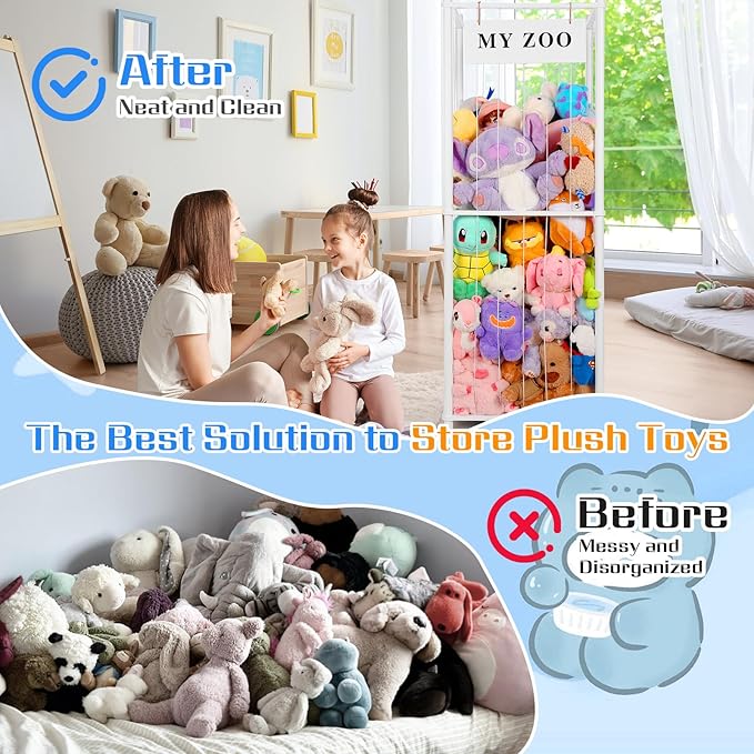 Stuffed Animal Storage Zoo with Wheels, Wooden Stuffed Animal Organizer with Elastic Cords, Space Saving Toy Plushies Storage Holder for Playroom, Bedroom, Living Room(White, Large)