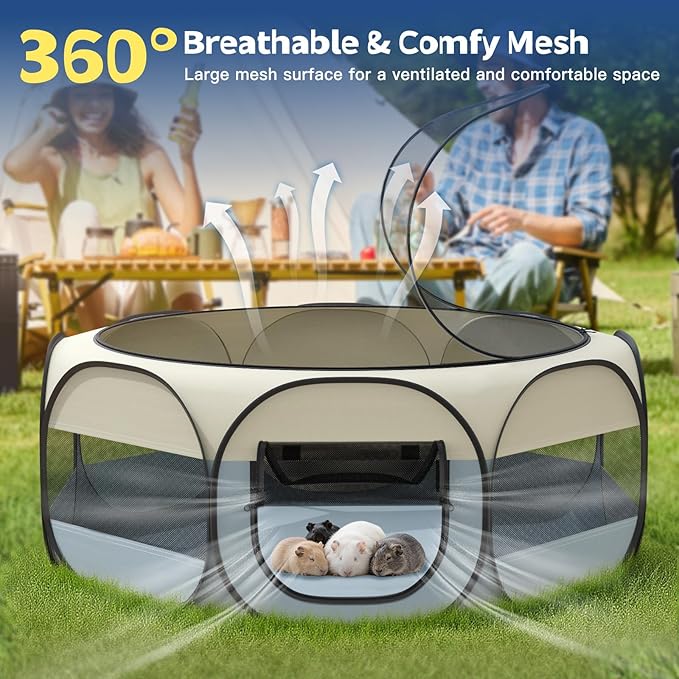 Small Animal Playpen, Chicken Brooder Box with Cover Top, Portable Outdoor Exercise Pet Cage Tent, Waterproof Breathable Pet playpen Indoor for Chick Ktiien Bunny Hamster Guinea Pig,Beige+Gray