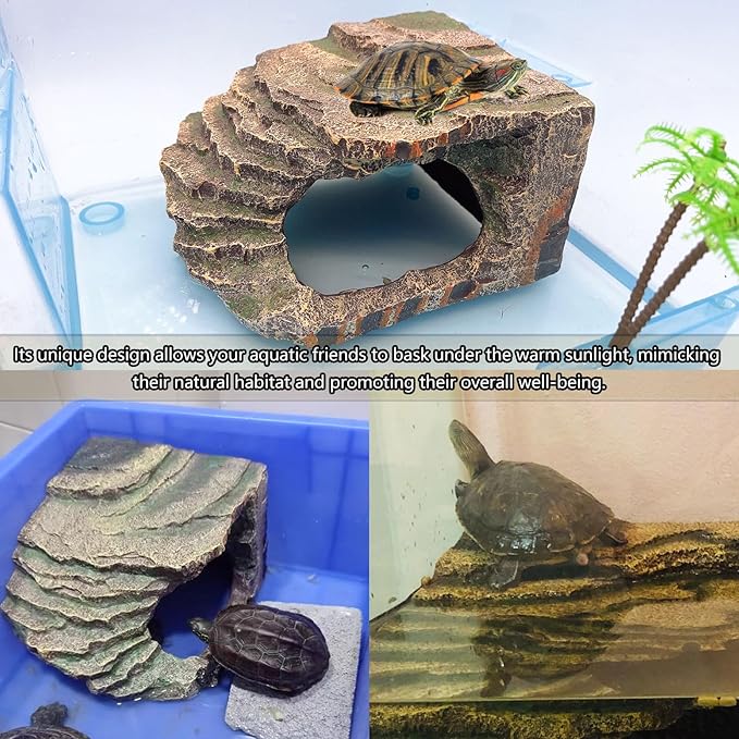 kathson Turtles Basking Platform Tortoise Resting Terrace Climbing Ramp Resin Dock Tank Decorations Reptile Hiding Cave Hideouts for Aquatic Turtles, Frog, Newts and Salamanders,Small
