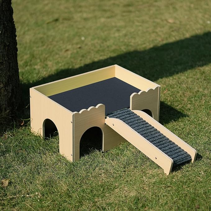 Wooden Guinea Pig Hideout Castle with Stairs,Small Animal Bed Hut Habitats Spacious 2-Level Detachable Small Pet House for Rabbits, Hamsters & Chinchillas Bunny (Grey)