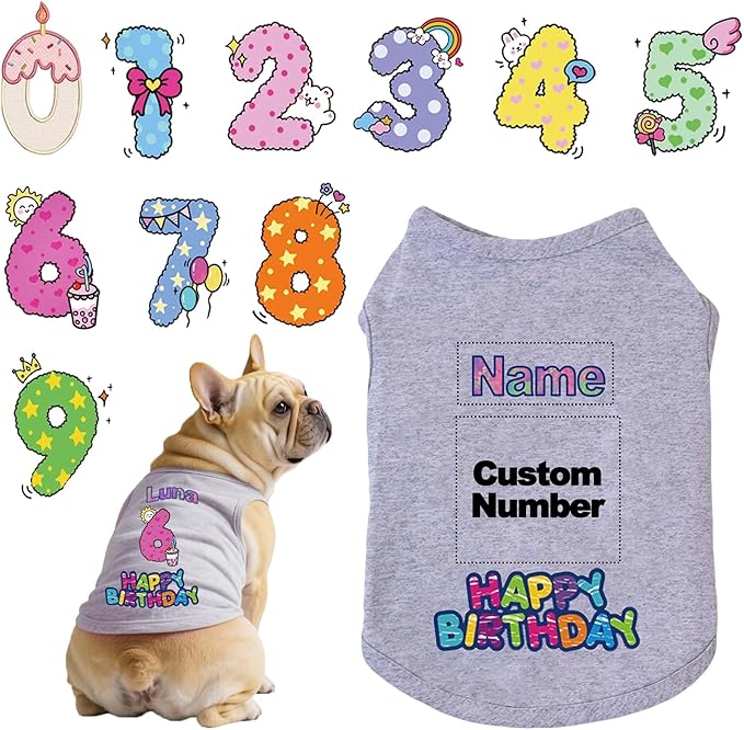 Custom Dog Birthday Shirt,Personalized Pet Apparel Print with Name Age Number,Pet Birthday Outfit,Lightweight Breathable Cotton Vest for Small Medium Large Dogs Cat (Grey, XX-Large)