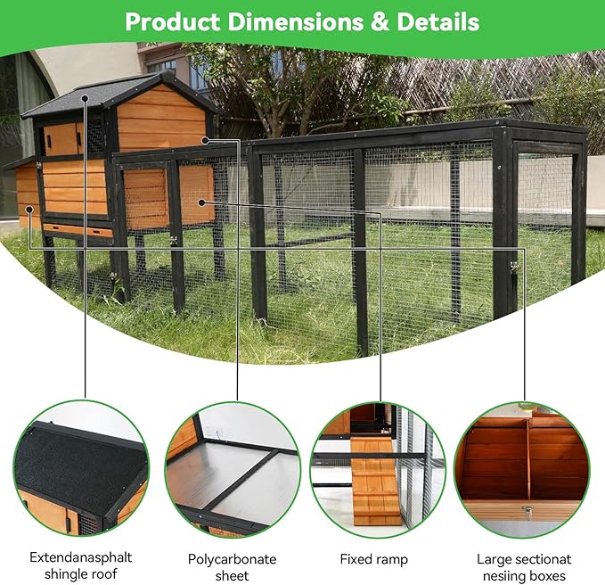 KEIKI 113" Wooden Chicken Coop with Run, Large Outdoor Hen Cage with Nesting Box and Predator-Proof Lock, Waterproof Anti-UV Roof Rabbit Hutch for Backyard Poultry, Brown