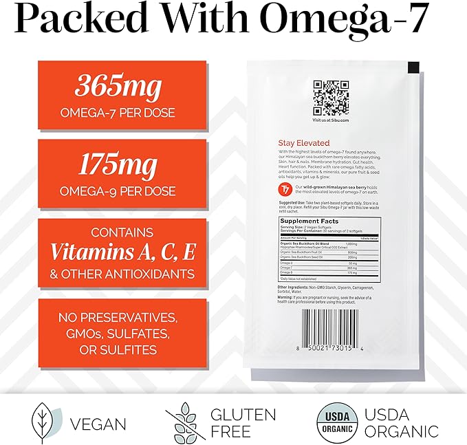 sibu Sea Buckthorn Omega-7 Softgels (90-Day Refill Sachet) – Supplement for Healthy Skin, Hair, Nails and Dryness