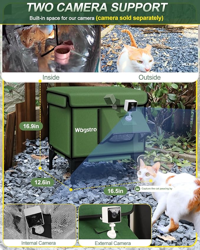 Heated Cat House for Outside, Insulated Weatherproof Heated Outdoor Cat House with Waterproof Eaves & Escape Door, Elevated Outdoor Cat Shelter for Feral Stray Cat (Green, 16.5"x12.6"x16.9")