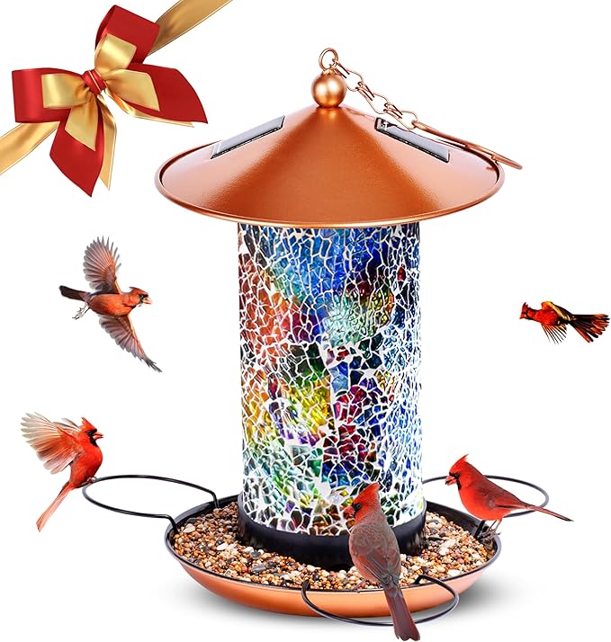 Ottsuls Solar Bird Feeder for Outdoors Hanging, Luxury Mosaic Birdfeeder Metal Vintage Lantern, Unique Bird Lovers Garden Gift for Mom,Dad, Grandma,Birthday