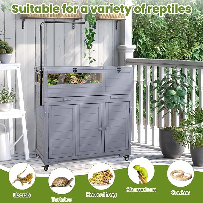 Premium Reptile Habitat Enclosure for Tortoises, Lizards, and Snakes - Adjustable Lighting, 360° Wheels, Easy-Clean Design, and Secure Ventilation-（Light Gray