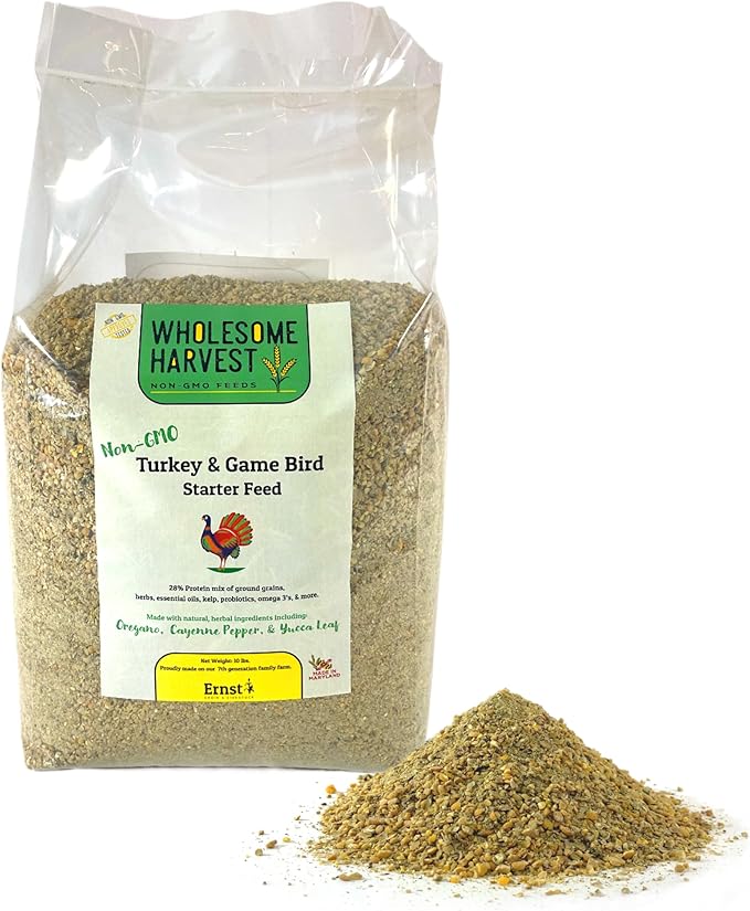 Non-GMO Turkey & Game Bird Starter Feed – 10 lb, 28% Protein, Omega-3, Calcium, Probiotics, Prebiotics & Herbs – Complete Nutrition and Quality Game Bird Feed