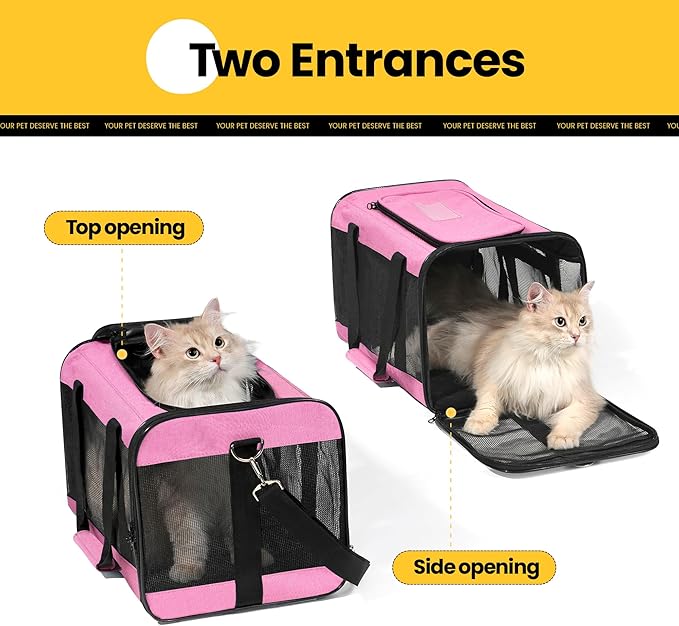 Cat Carrier Airline Approved, Soft-Sided Dog Carrier with Inner Safety Leash, Pet Transport Carrier for Small-Medium Cats Puppies up to 15 Lbs, Collapsible Travel Kitten Carrier Bag -Pink M