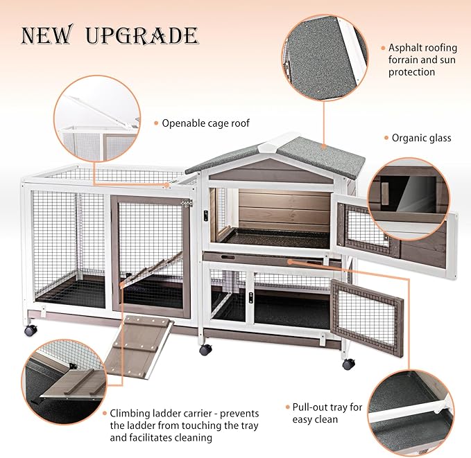 PetsCosset 57" L Rabbit Hutch Indoor Outdoor 2 Story Large Bunny Hutch with Run Guinea Pig Cage Wooden Rabbit Cage with Removable 3 Pull Out Trays Pet House for Small-Medium Animals