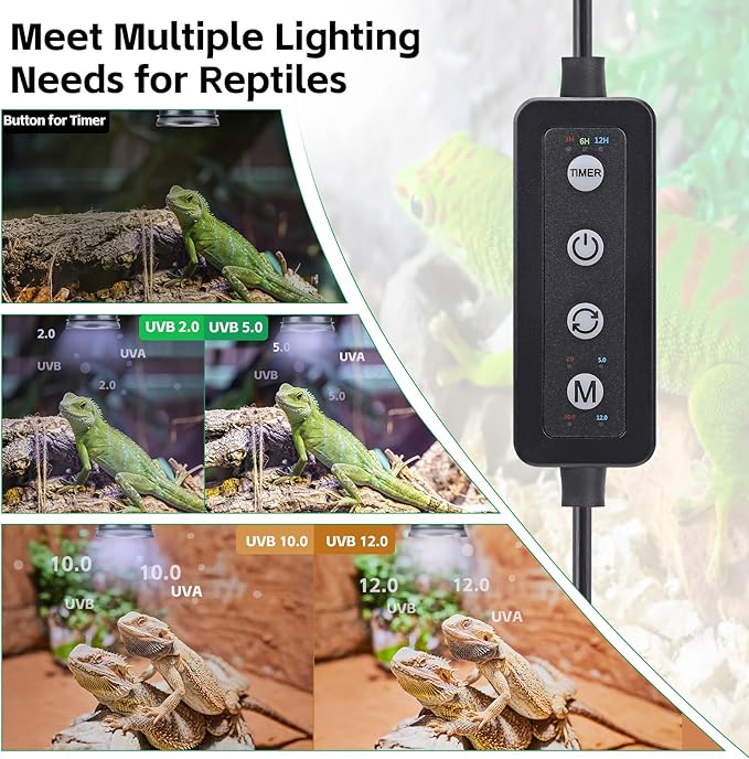 UVB Light for Reptiles with Dimming UVA UVB Reptile Light Fixture with Timer LED UVB Bulb for Bearded Dragon Gecko Turtle Chameleon Lizard Snake Adjustable Brightness Reptile Tank Accessories 8W Grey