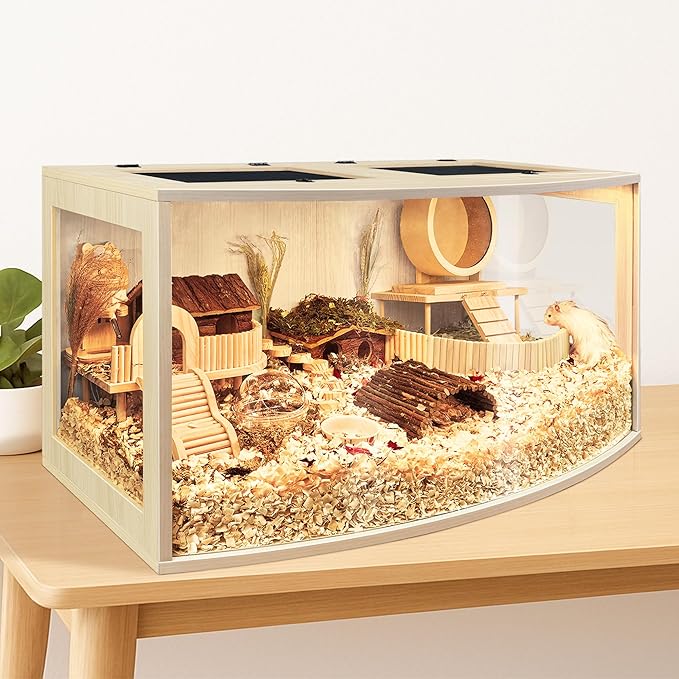 Prolee Hamster Cage Chew Proof Wood, Hamsters Enclosure Openable Top with Curved Design,Waterproof Small Animals Cage with Acrylic Sheets for Gerbils,Hamster Habitat(24 Inches)