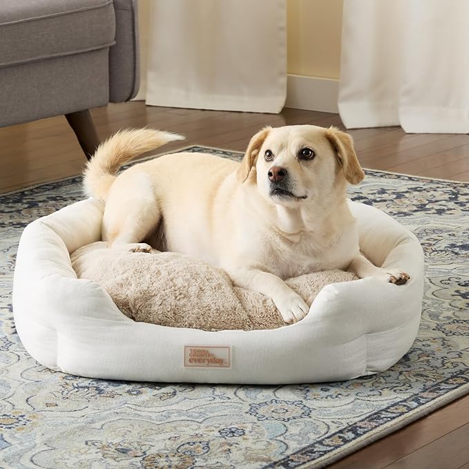 TOWN & COUNTRY EVERYDAY CuddleTown Faux Linen Comfy Cozy Cuddler Pet Bed, Supportive & Calming Egg Crate Foam, Non-Slip Bottom, Machine Washable Cover, Beige, Medium 28"x26"x8"
