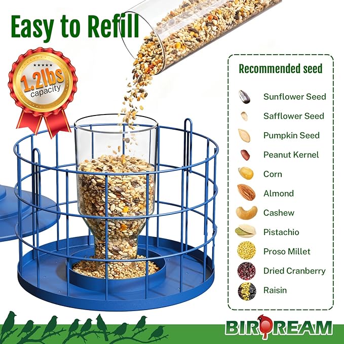 Squirrel Proof Bird Feeder, Metal Cage Bird Feeder for Outdoors Hanging, Starling Resistant Design for Small Birds, Weatherproof with Drain Holes, Easy to Refill, Blue