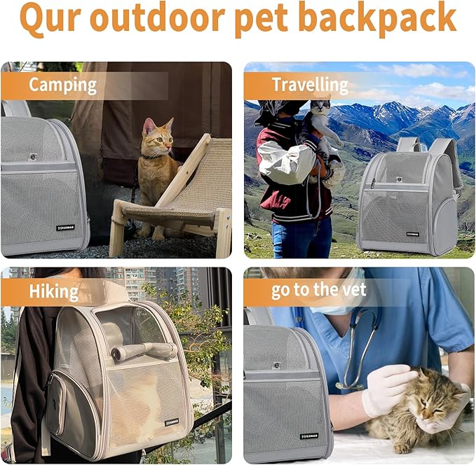 Cat Backpack Carrier for Small Dogs and Medium cat Puppy Kitten Bunny Pet Carrier Backpack Collapsible with Fully Ventilated Mesh with Safety Leash (Gray, 12.9" L x 10.62" W x 15.5" H - M)