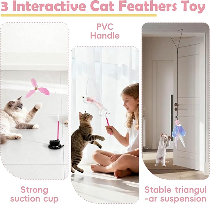 7-in-1 Kitten Toys for Indoor Cats with Washable Adhesive Suction Cup, Hanging Interactive Cat Toys, Silvervine Stick and Sisal Chew Rope Catnip Teething Toy for Bored Kitten (Pink)