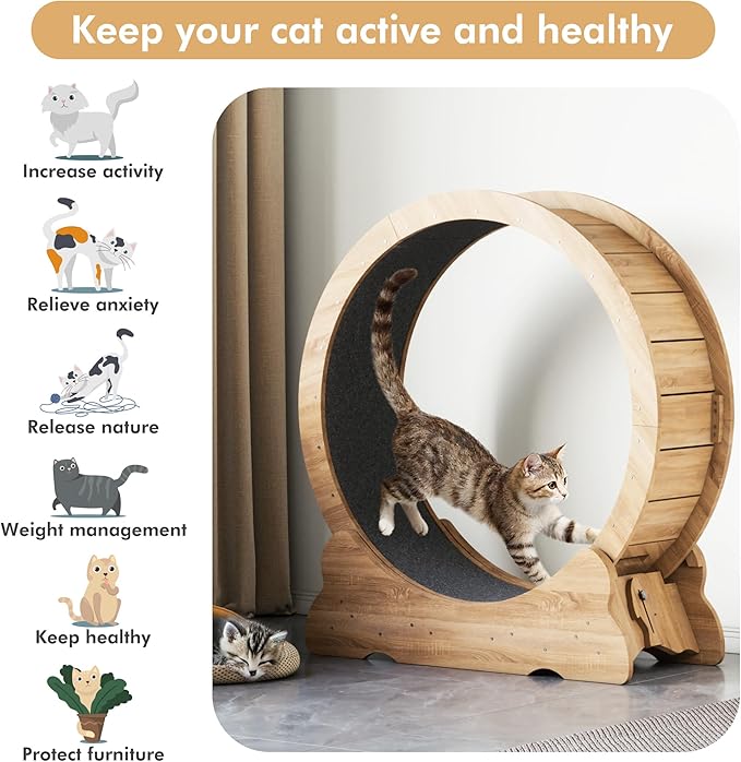 Cat Wheel, 35.4 Inch Cat Exercise Wheel for Indoor Cats Treadmill with Detachable Carpet and Teaser, for Running Walking Training, Natural Wood