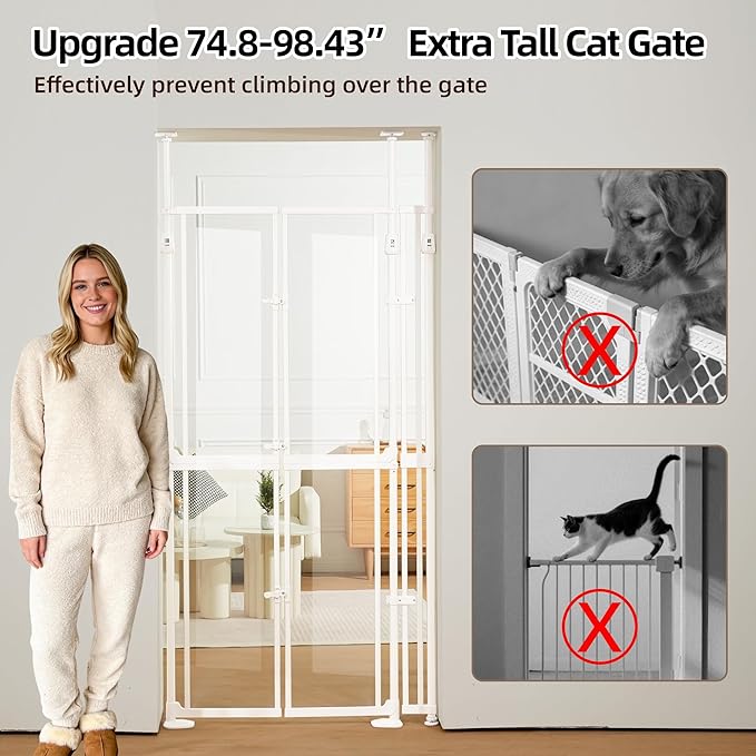 74.80-98.43'' Extra Tall Cat Gate, Adjustable 33.86” and 35.80" Wide, Transparent Full Door Pet Gate, Auto Close No Drilling Cat Proof Safety Gate for Doorway Stairs- White