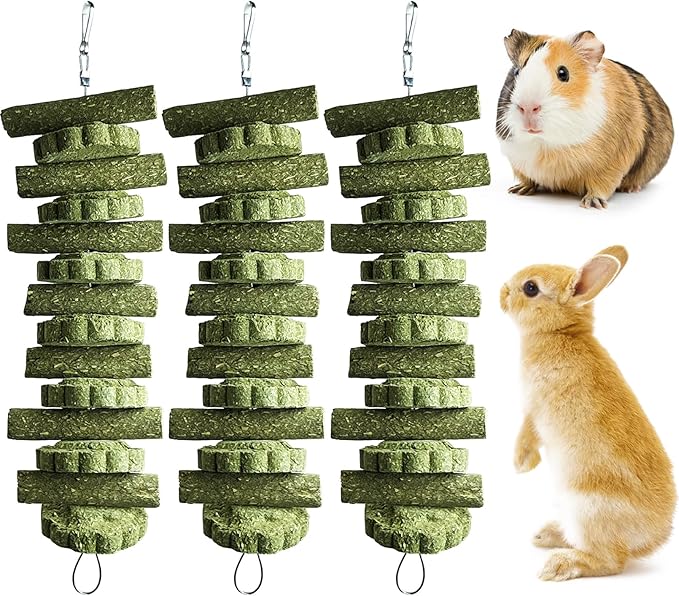 kathson 3Pcs Bunny Chew Toys Rabbit Chewing Toy for Teeth Hanging Grinding Chinchilla Treats Timothy Grass Cake Molar Balls for Guinea Pigs Hamsters Gerbils Rats Squirrels Playing Improve Pets Dental