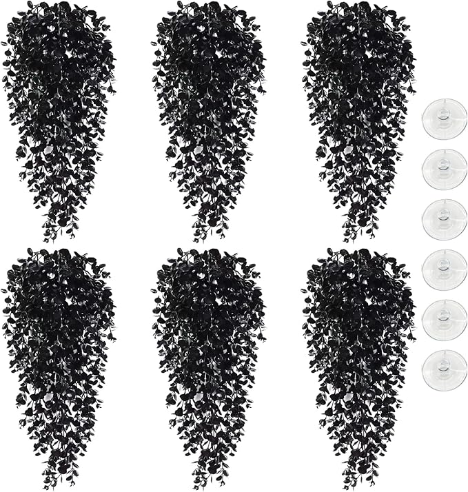 Hamiledyi 6 PCS Reptile Plants, Hanging Terrarium Plants, Artificial Leaves Habitat Decorations with Suction Cup, Fake Amphibian Plants for Bearded Dragon Lizard Hermit Crab Geckos Chameleon(Black)