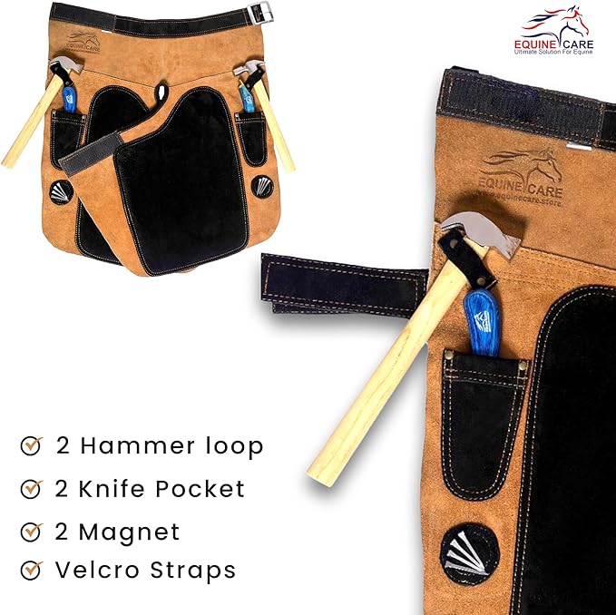 Equine Care Professional Farrier Apron - Premium Leather Farrier Chaps with EVA Foam Padding, Adjustable Ergonomic Fit, 2 Hoof Knife Pockets & 2 Nail Magnets, for Hoof Trimming & Horseshoeing Tasks.