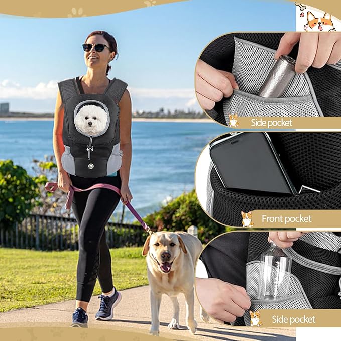 Adjustable Dog Backpack Carrier for Small Dogs, Breathable Front & Back Carry Pet Carrier with Safety Leash, Multi-Pocket Design for Hiking Travel Cycling (Large)
