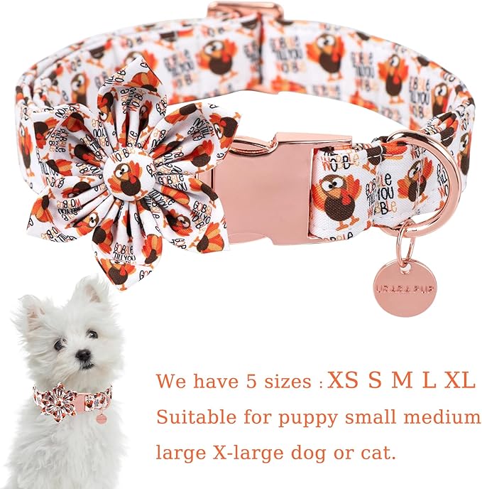 Thanksgiving Dog Collar with Flower, Turkey Cotton Flower Collar for Puppy Girl Dog or Cat, Autumn Flower Collar with Durable Metal Buckle, Thanksgiving Pet Collar, XS, Neck 8-12in