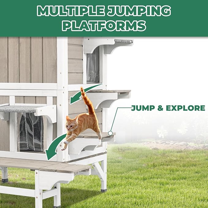 Cat Houses for Outdoor Cats, Wooden Two Story Cat House Weatherproof with 3 Jumping Platforms, 3 Doors, Balcony, Indoor Feral Cat Shelter with Openable Roof for Small Animals, Grey