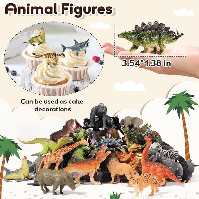 36 Pack Animal Figurines, Ocean Animal Toys, Plastic Mini Sea Creatures Figures, Dinosaur Toys for Kids 3-5, Jungle Toy Set Zoo Animals, Cake Topper Party Favor Gift for Toddler