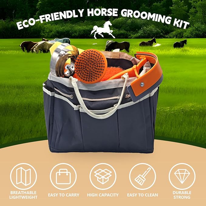 Horse Grooming Kit, Grooming Supplies Includes Horse Brushes and Handbag, Brush Set, Curry Comb, Hoof Pick, Sweat Scraper, Sponge Etc., Suitable Gifts for Riding Enthusiasts Lovers