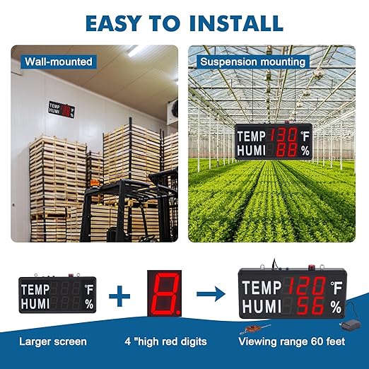 JIAWANSHUN Large Led Digital Thermometer Hygrometer, -40°F-248°F & 0-100% RH, High Accuracy 4" LED Temperature and Humidity Monitor with Alarm, Industrial Use for Chicken Farm,Pet House&Greenhouse